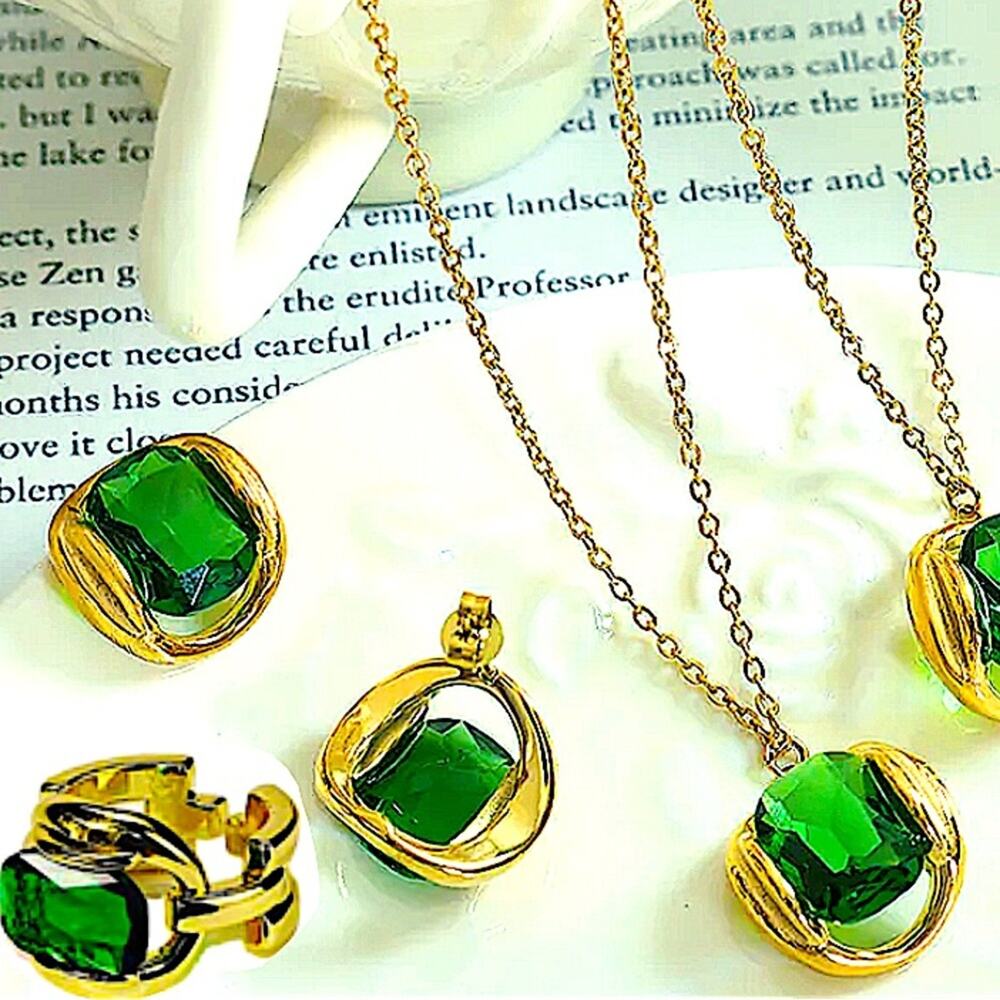Gold Emerald Crystal Matching Necklace, Earrings, Ring Set
